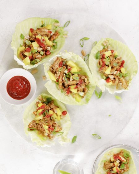 Wraps de repolho com frango picante e manga